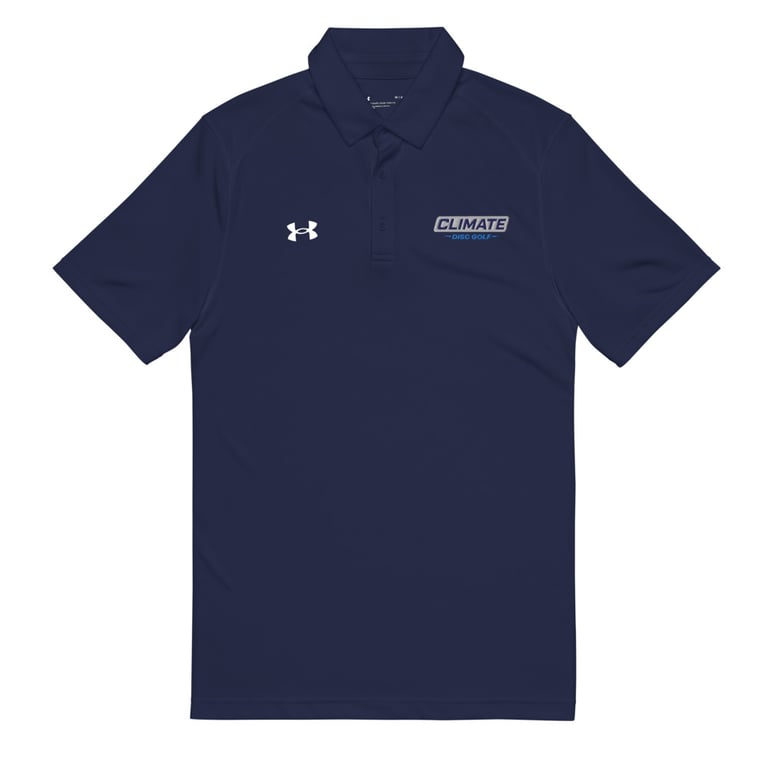 Navy blue Under Armour performance polo shirt featuring the Climate Disc Golf logo on the chest.