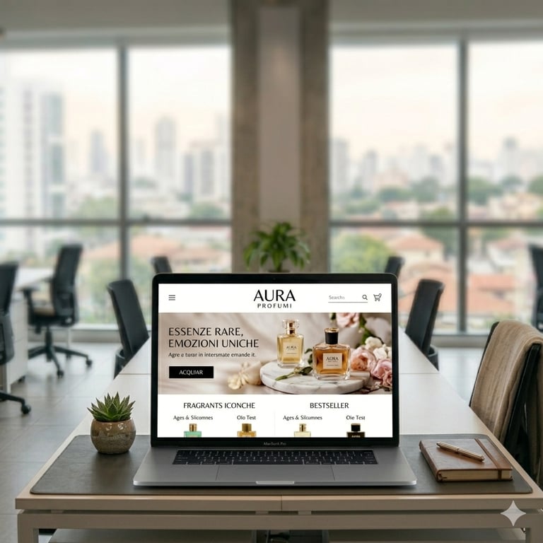 Aura Profumi luxury perfume website displayed on a laptop screen in a modern office setting.