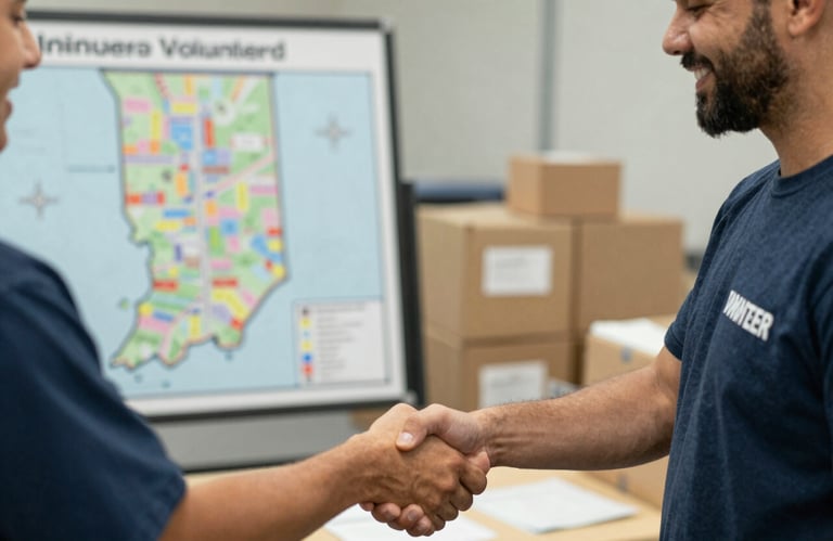 Two smiling volunteers in Indiana, shaking hands near a transport map and supplies, conveying professionalism, warmth, and reliable community support.
