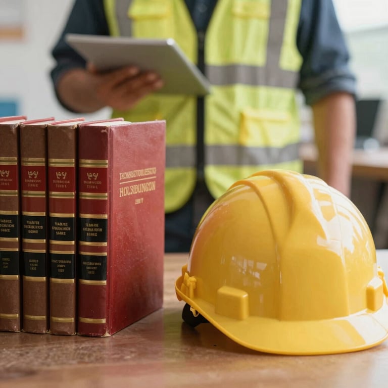 Libros de derecho con casco de construcción y trabajador fondo derecho laboral