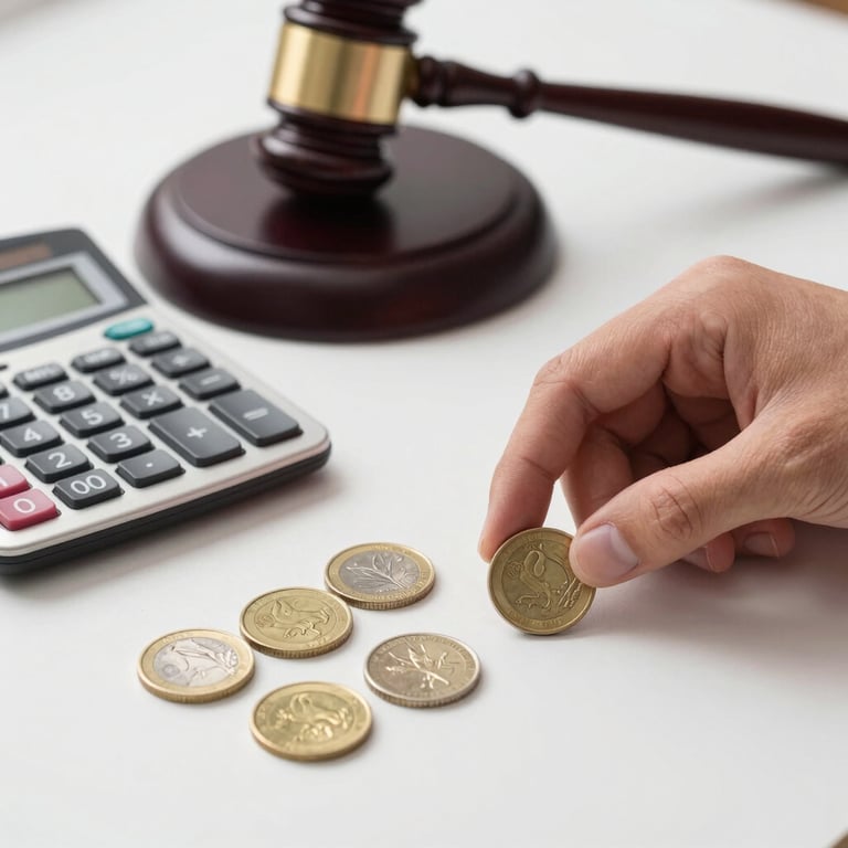 Dinero sobre mesa junto a martillo de juez representando derecho tributario