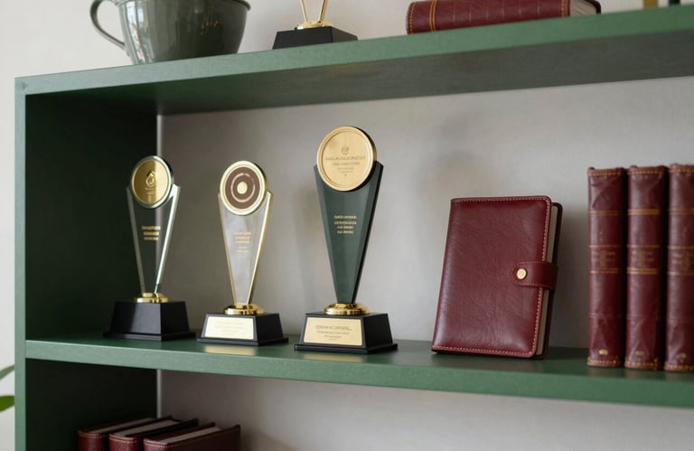 A crisp photograph of a minimalist North American office shelf holding professional award trophies and leather-bound journals. Matte Forest Green and Deep Ripe Crimson elements are subtly visible in the decor.