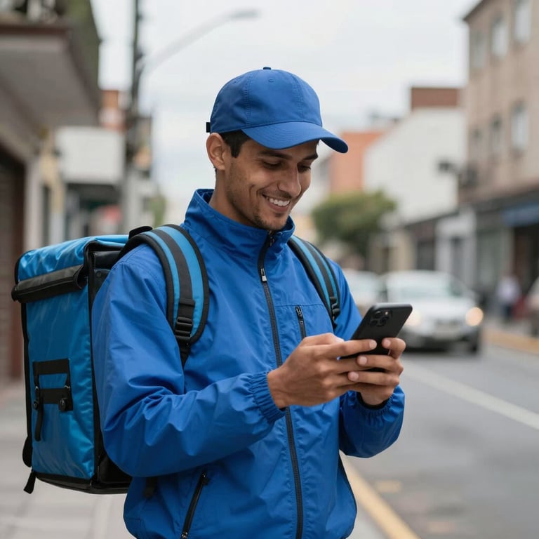 A professional delivery rider in a medium blue jacket smiling while checking delivery details on a smartphone, South American city street.