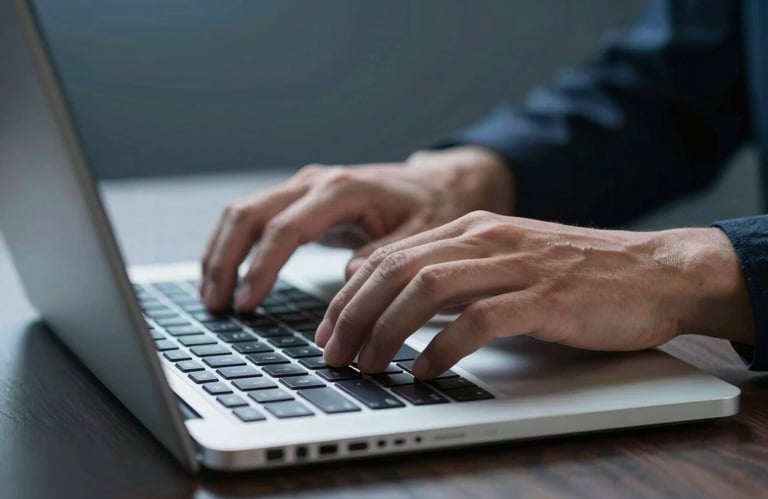 A focused shot of hands typing on a laptop with a soft steel blue backlight, suggesting a diligent and expert work environment.