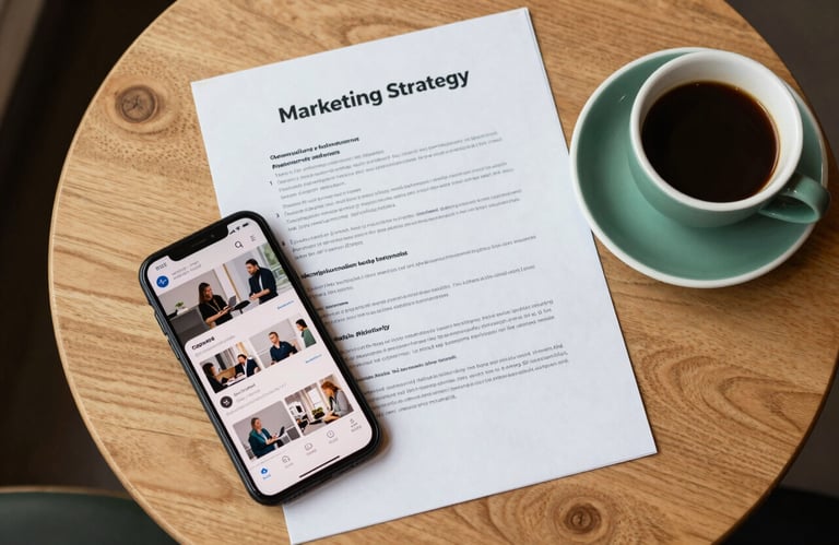 A top-down flat lay photography of a marketing strategy document, a smartphone showing a social feed, and a Matte Forest Green ceramic cup of coffee on a light wood Western European cafe table.