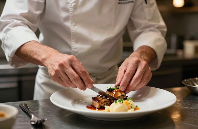 Photography of an artisanal chef in a Western European restaurant kitchen plating a gourmet dish, focused on the textures of the food. The style is cozy yet professional, with soft shadows and warm highlights.