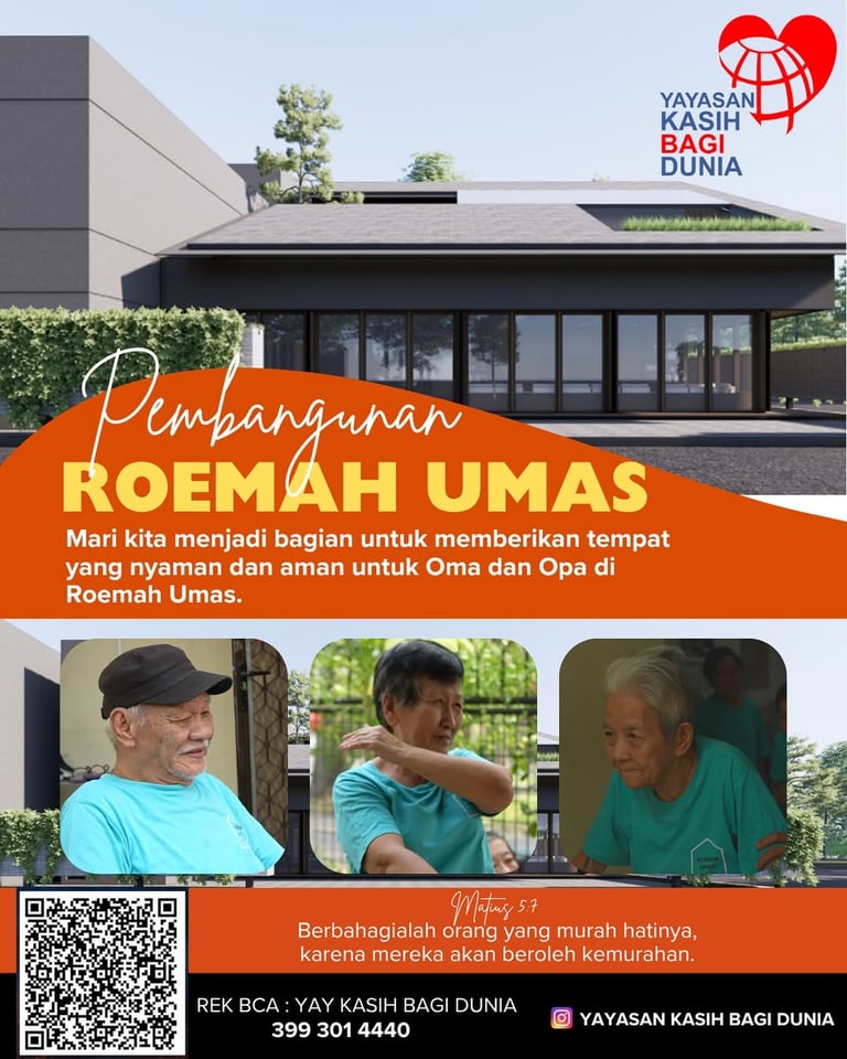 Pembangunan Roemah Umas nursing home donation poster featuring elderly residents and modern facility design.