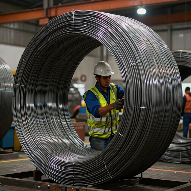 A South American worker in safety gear handling steel wire coils in a professional manufacturing environment, focus on the steel material, cinematic lighting.