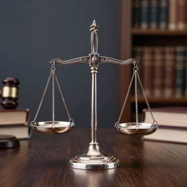A close-up of high-quality silver scales of justice on a dark wooden table in a law library, professional lighting in navy and grey tones.