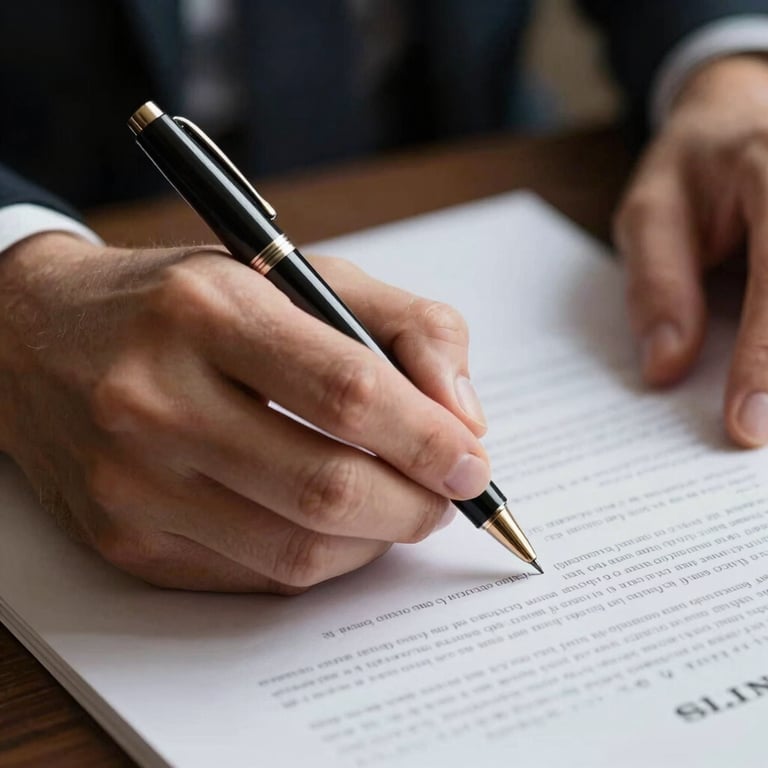 A close-up photograph of a professional's hand signing a formal legal document with a high-end ink pen, focus on the pen and crisp paper texture.