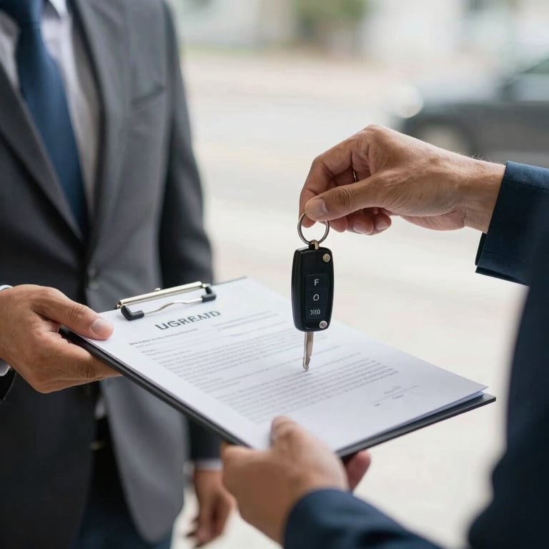 A person handing a set of car keys and a document to another person, suggesting a successful administrative resolution in a bright Brazilian setting.