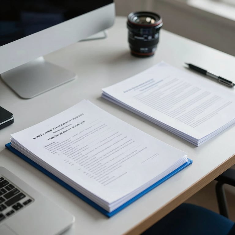 A clean and modern Brazilian workspace with documents neatly arranged on a table, steel blue accents, evoking a sense of efficiency and order.