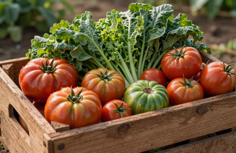 A rustic wooden crate filled with vibrant, organic heirloom tomatoes and farm-fresh greens. Warm, authentic photography style, North American / US farm setting, soft morning light.