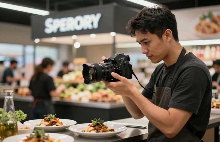 A social media manager in a stylish North American / US food market, using a professional camera to film a chef preparing a dish. Blurred background of a modern stall.