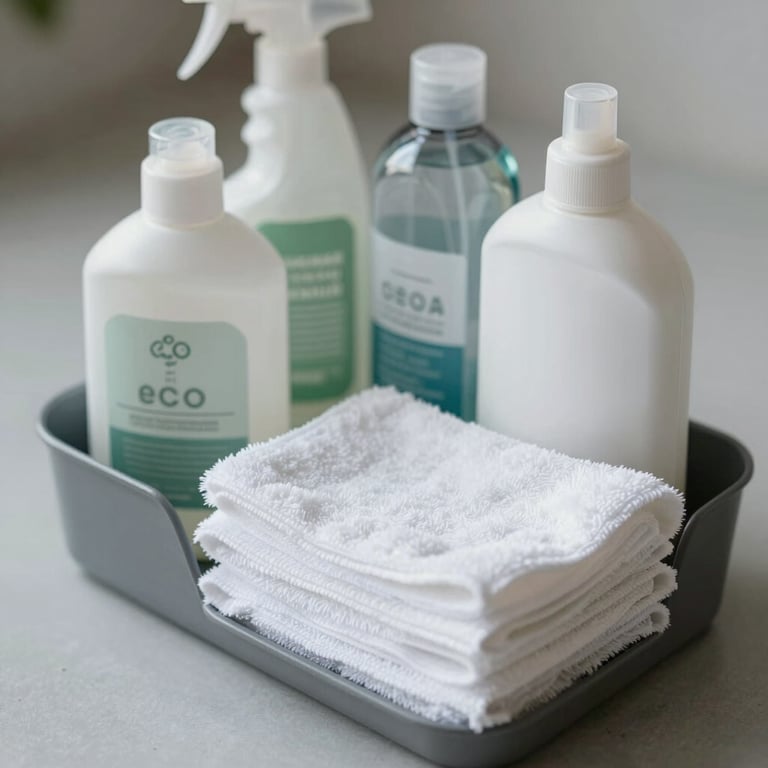 Close-up of a neatly organized caddy containing eco-friendly cleaning bottles and soft microfibre cloths on a light grey surface, professional photography, soft white lighting.