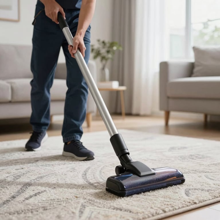 Action shot of a cleaning professional vacuuming a designer rug in a bright, modern North American home, focusing on care and efficiency.
