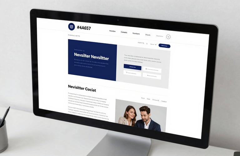 A top-down view of a beautifully designed newsletter on a high-end monitor in a clean, professional workspace, utilizing #4A6572 and #F6F7F9.