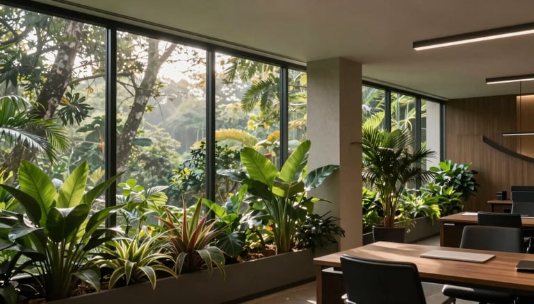 A beautifully arranged platter of healthy, natural snacks and fruits in a high-end corporate lounge, warm off-white and green color palette.