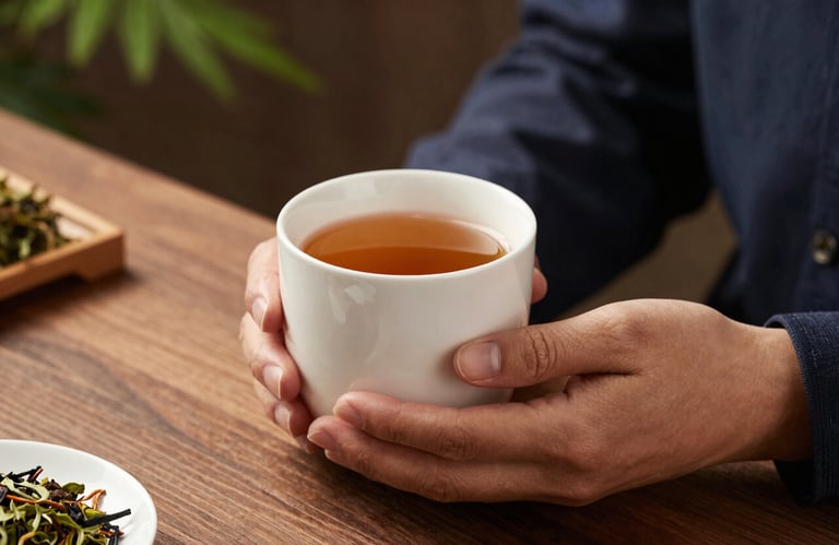 Close-up of hands holding a ceramic mug with herbal tea on a wooden desk with a green plant in the background, professional setting.