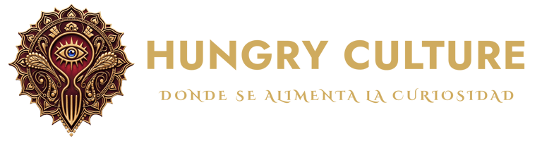 Logo mandala 3D rojo y oro Hungry Culture con ojo y tenedor que dice "HUNGRY CULTURE, donde la curiosidad se alimenta"