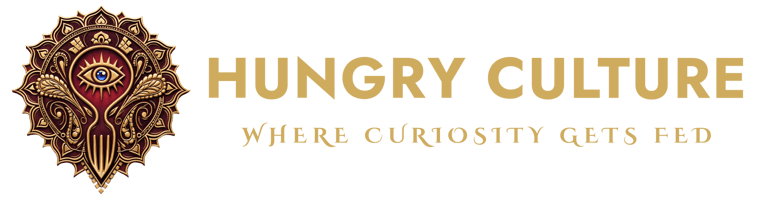 Red and gold 3D-layered Hungry Culture mandala logo with eye & fork that reads "HUNGRY CULTURE, where curiosity gets fed".