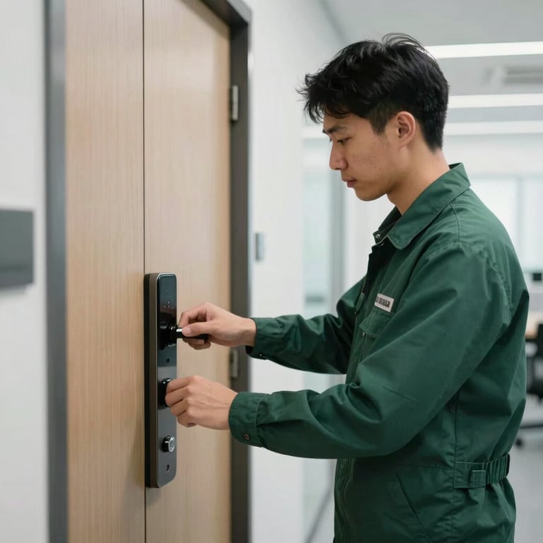 Professional technician in a neat dark green uniform servicing an electronic door lock in a bright, modern North American office hallway.