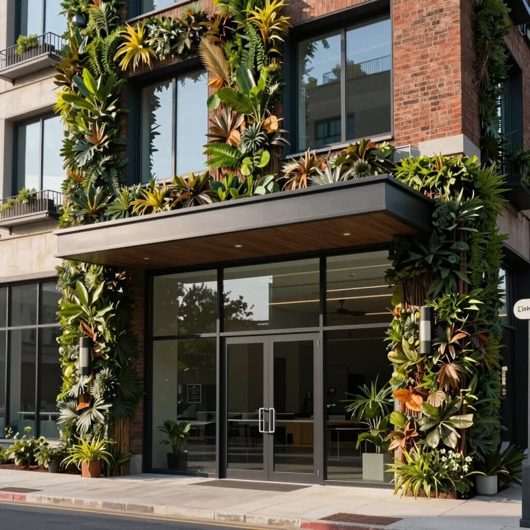 Modern building facade in North America featuring eco-friendly architectural design and a secure glass entry point. High-end professional photography showing sustainable materials.