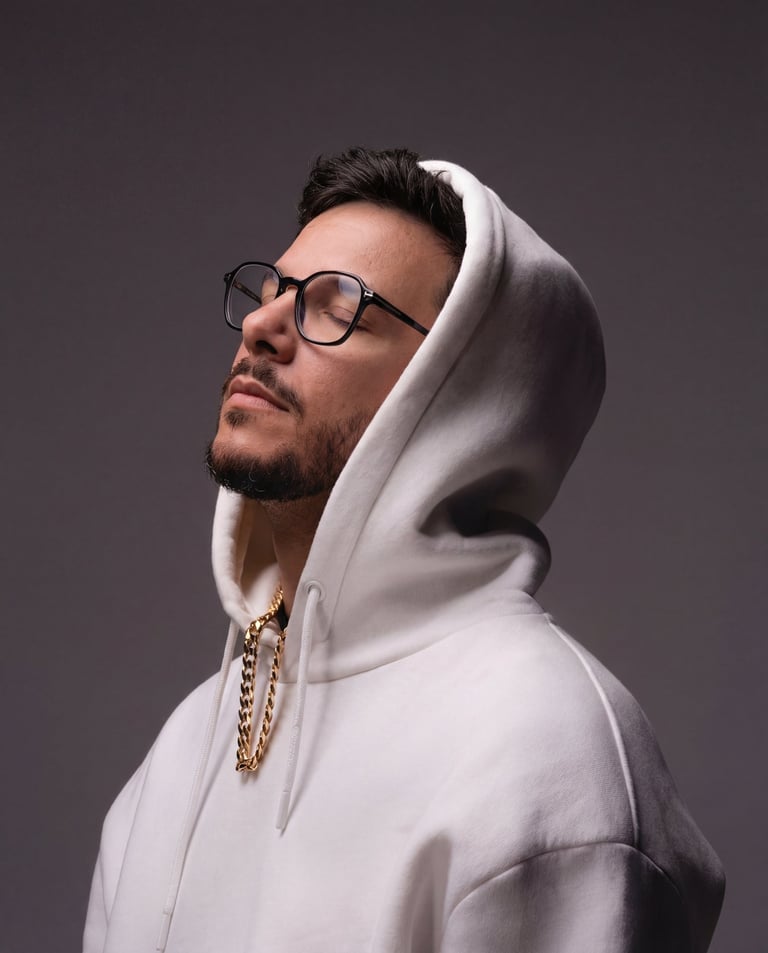 DJ Boss in Portugal, artiste et DJ événementiel, inspiré par la musique portant un sweat à capuche blanc et des lunettes.