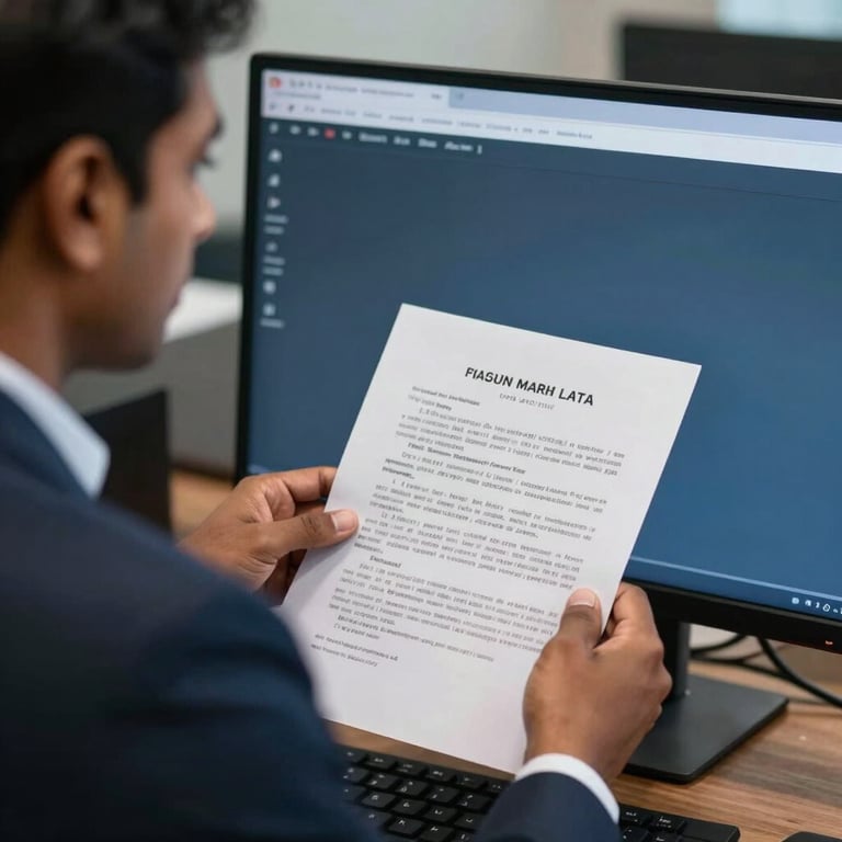 An over-the-shoulder photograph of a South Asian / Indian professional reviewing legal documents on a large monitor in a sophisticated office. The color palette features dark navy and steel blue, emphasizing a mood of thoroughness and legality.