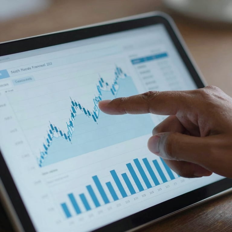 A close-up photograph of a South Asian / Indian professional pointing to a financial chart on a tablet screen. The lighting is professional, and the color scheme uses steel blue and light blue tones to suggest reliability and modern technology.