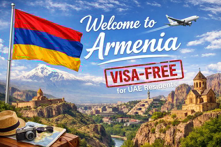Armenia travel poster featuring Mount Ararat, national flag, and visa-free travel info for UAE residents.