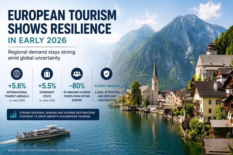 Infographic showing European tourism growth statistics for 2026 over a scenic alpine village lake view.