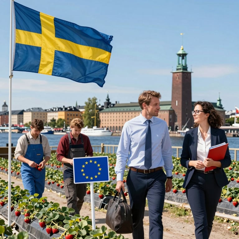 Swedish business professionals walking past a strawberry farm with a Swedish flag and EU symbol.