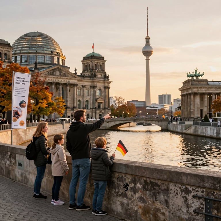 A family overlooking the Berlin skyline with the Reichstag, Brandenburg Gate, and TV Tower at sunset.