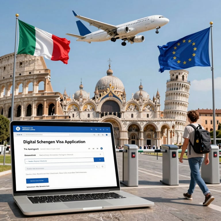 Digital Schengen Visa application on a laptop with Italian landmarks and an airplane for European travel.