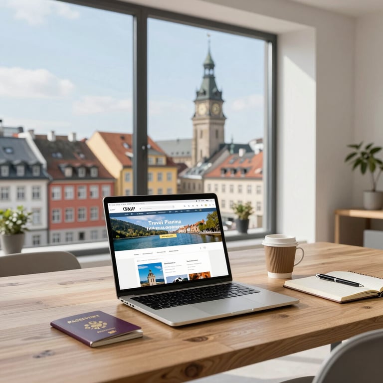 A laptop showing a travel planning website on a wooden desk with a European city view.