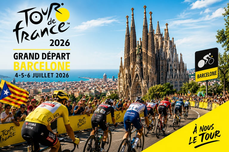 Cyclists racing in the 2026 Tour de France Grand Depart in Barcelona past the Sagrada Familia.