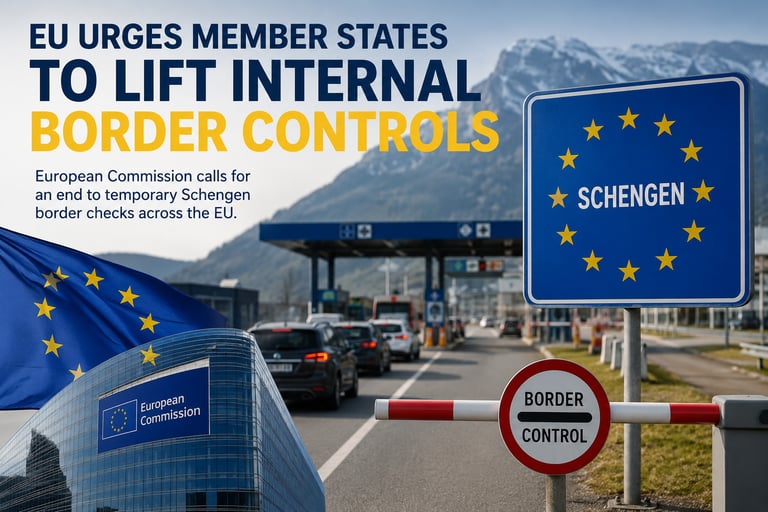 EU graphic showing a Schengen border control checkpoint with cars and the European Commission building.