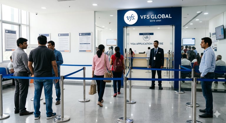 People queuing at a VFS Global visa application centre with security and signage.