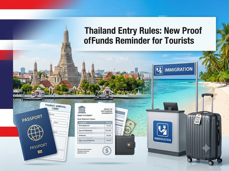 Guide to Thailand entry rules and proof of funds requirements for tourists with passport and temple view.