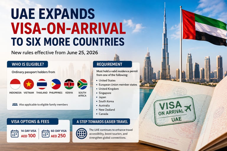UAE visa on arrival announcement for six countries with Burj Khalifa and Dubai skyline background.