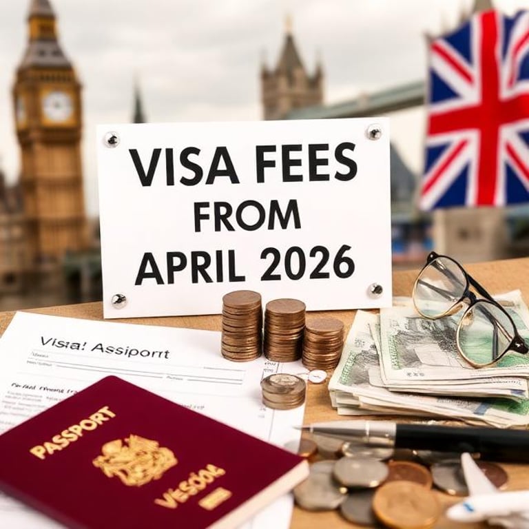 UK visa fees from April 2026 sign with passport, coins, and British flag background.