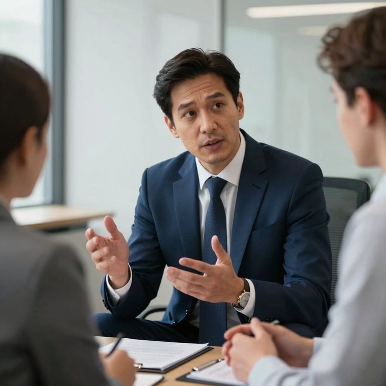 A professional British solicitor in a sharp navy suit sitting in a modern office, gesturing empathetically during a client consultation.