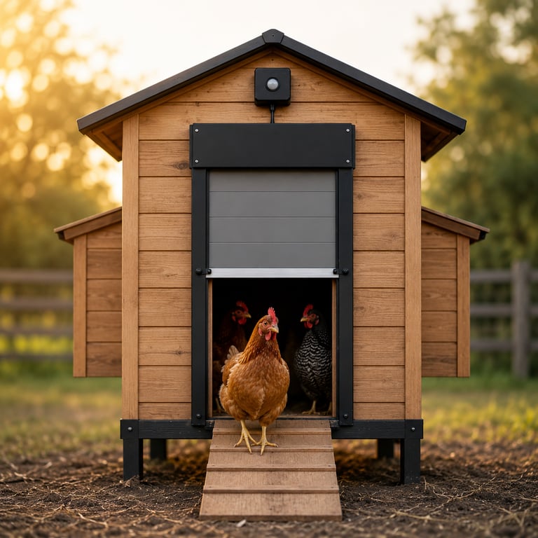 A brown chicken standing on a wooden ramp of a modern automatic chicken coop with a solar sensor.