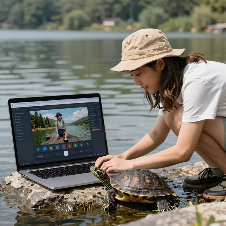 A woman editing video on a laptop by a lake with a turtle on the keyboard.