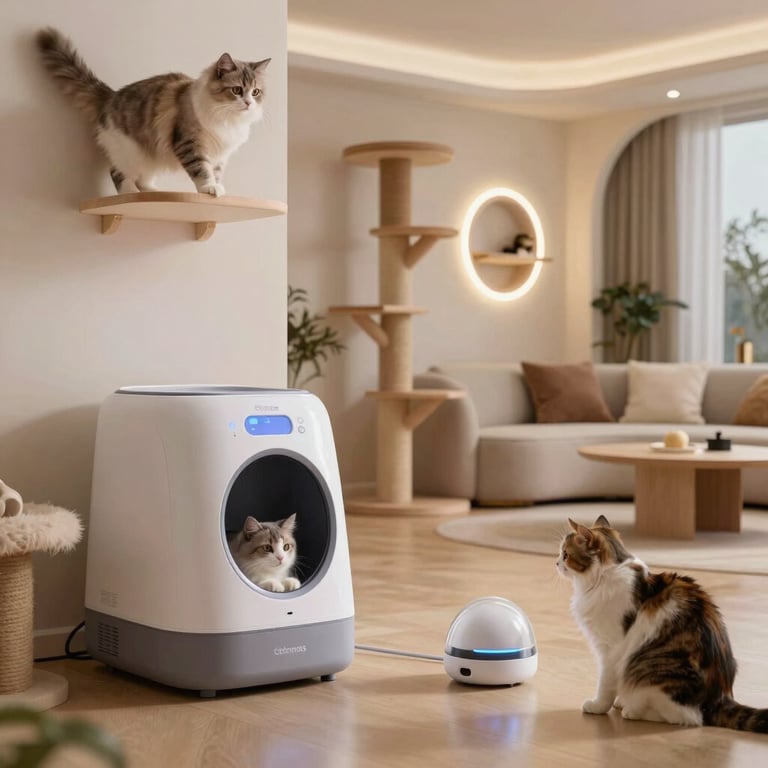 Smart self-cleaning automatic litter box in a modern living room with fluffy cats and cat furniture.