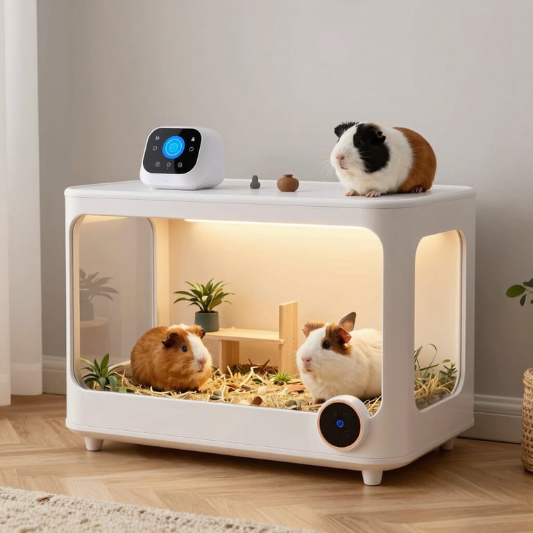 Modern smart guinea pig habitat with climate control sensors and three colorful cavies inside a white enclosure.