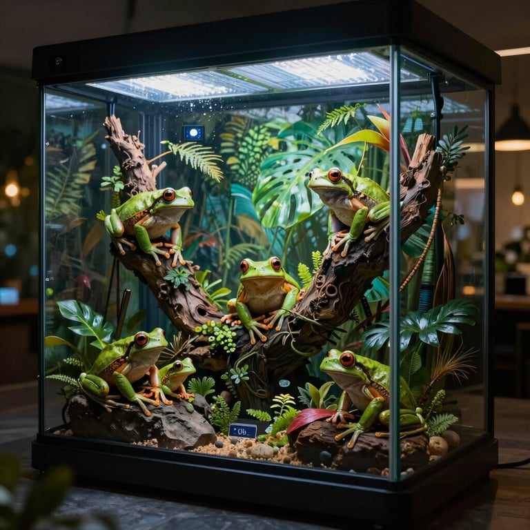 Red-eyed tree frogs perched on driftwood inside a lush planted glass terrarium with LED lighting.