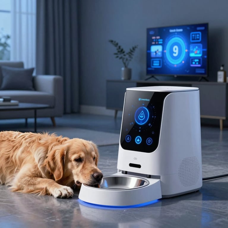 Golden Retriever dog eating from a smart automatic pet feeder with digital screen in a modern living room.