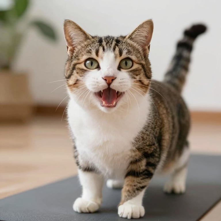 A cute tabby and white cat meowing while standing on a gray yoga mat indoors.